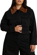 ELOQUII Embellished Denim Jacket With Fur Collar
