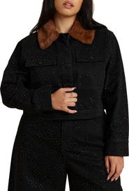 ELOQUII Embellished Denim Jacket With Fur Collar