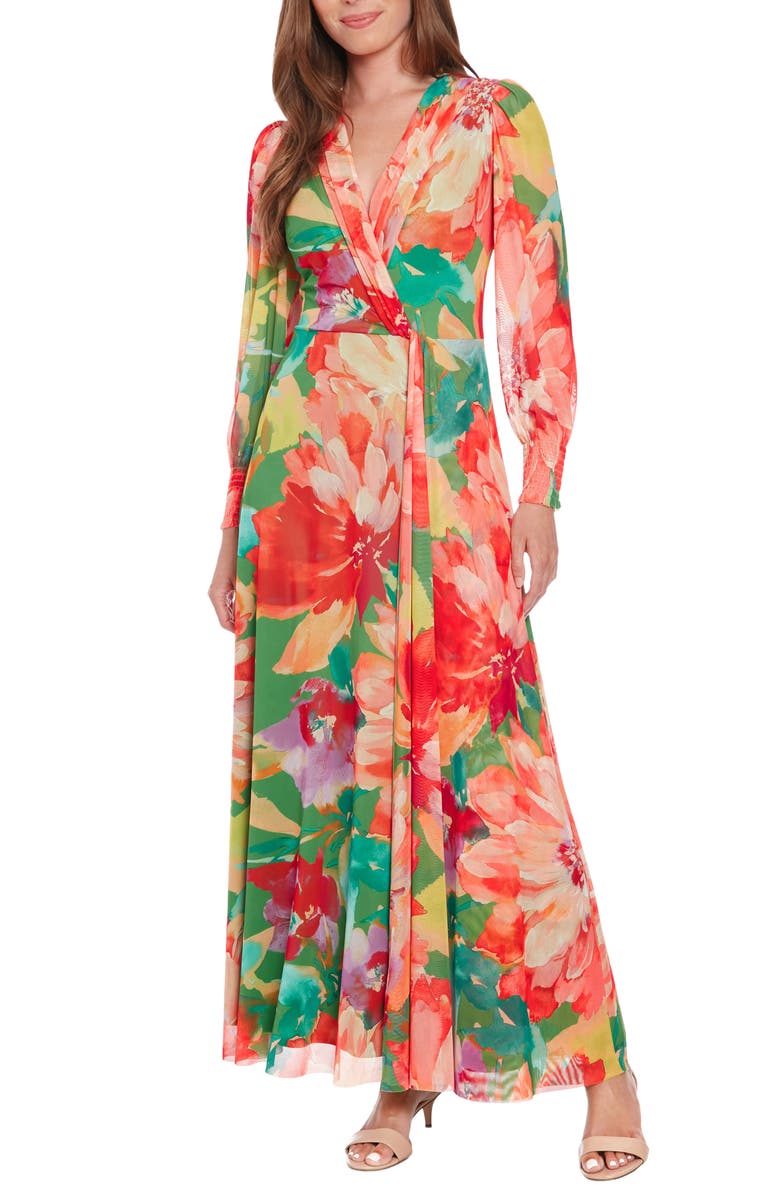 London Times Floral Long Sleeve Mesh Faux Wrap Maxi Dress, Main, color, 
