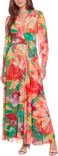 London Times Floral Long Sleeve Mesh Faux Wrap Maxi Dress | Nordstromrack