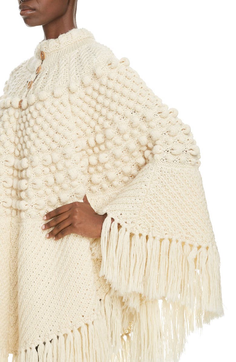 Saint Laurent Fringe Trim Cable Wool Poncho, Alternate, color, 