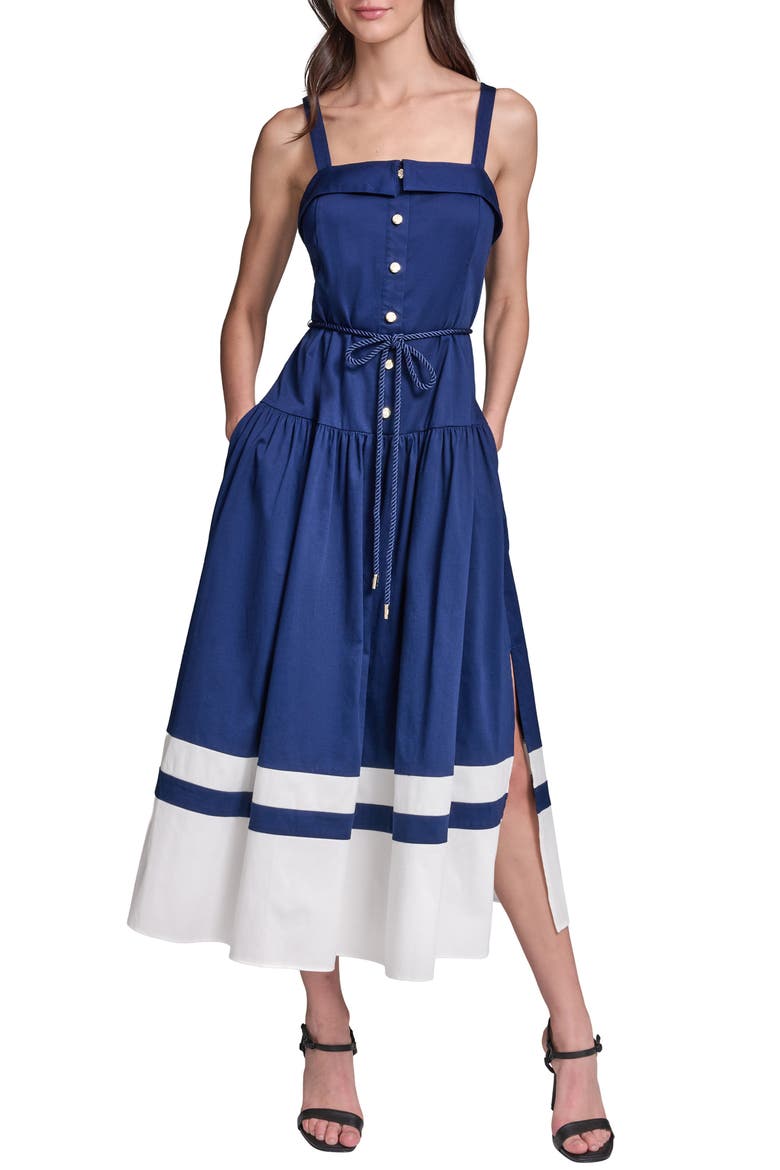 Contrast Border Midi Dress, Main, color, MARITIME/ SOFT WHITE