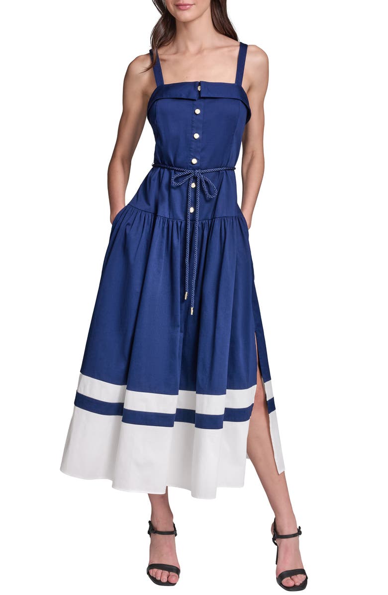 KARL LAGERFELD Contrast Border Midi Dress, Main, color, Maritime/ Soft White