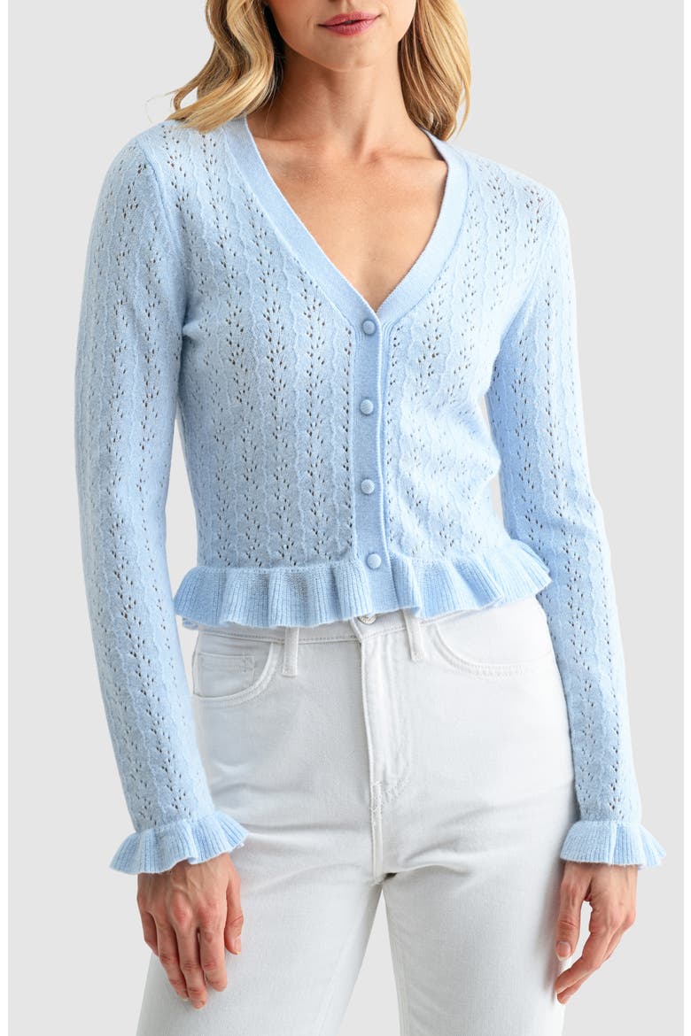 Pointelle Ruffle Hem Crop Cardigan, Main, color, LIGHT BLUE