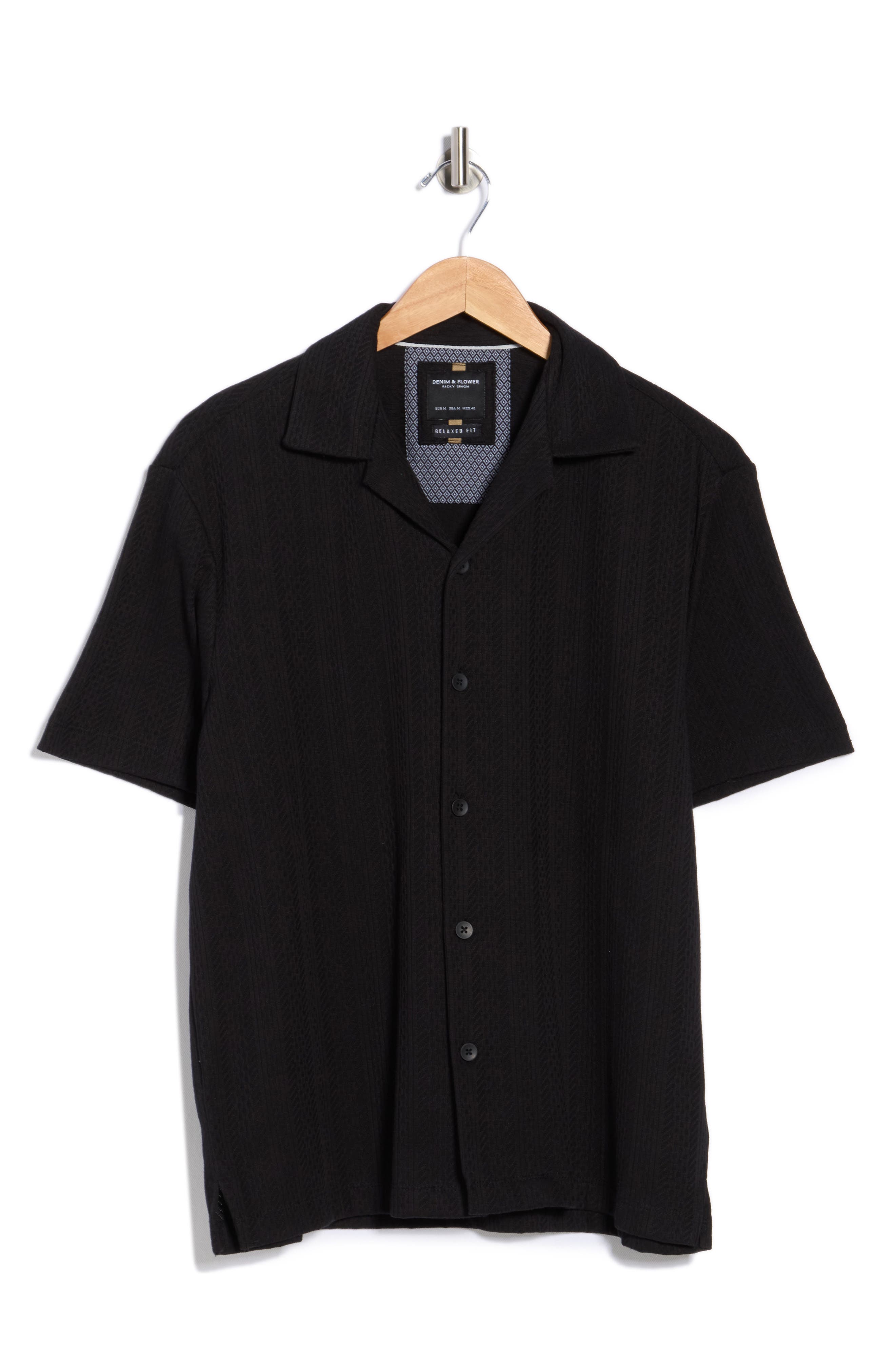 DENIM AND FLOWER Black with Geometric Stripes Camp Shirt