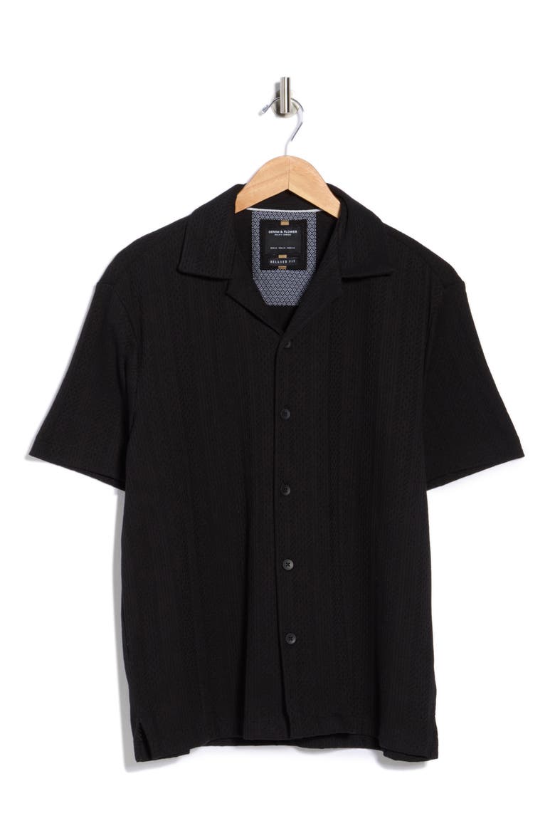 Black with Geometric Stripes Camp Shirt, Alternate, color, BLACK