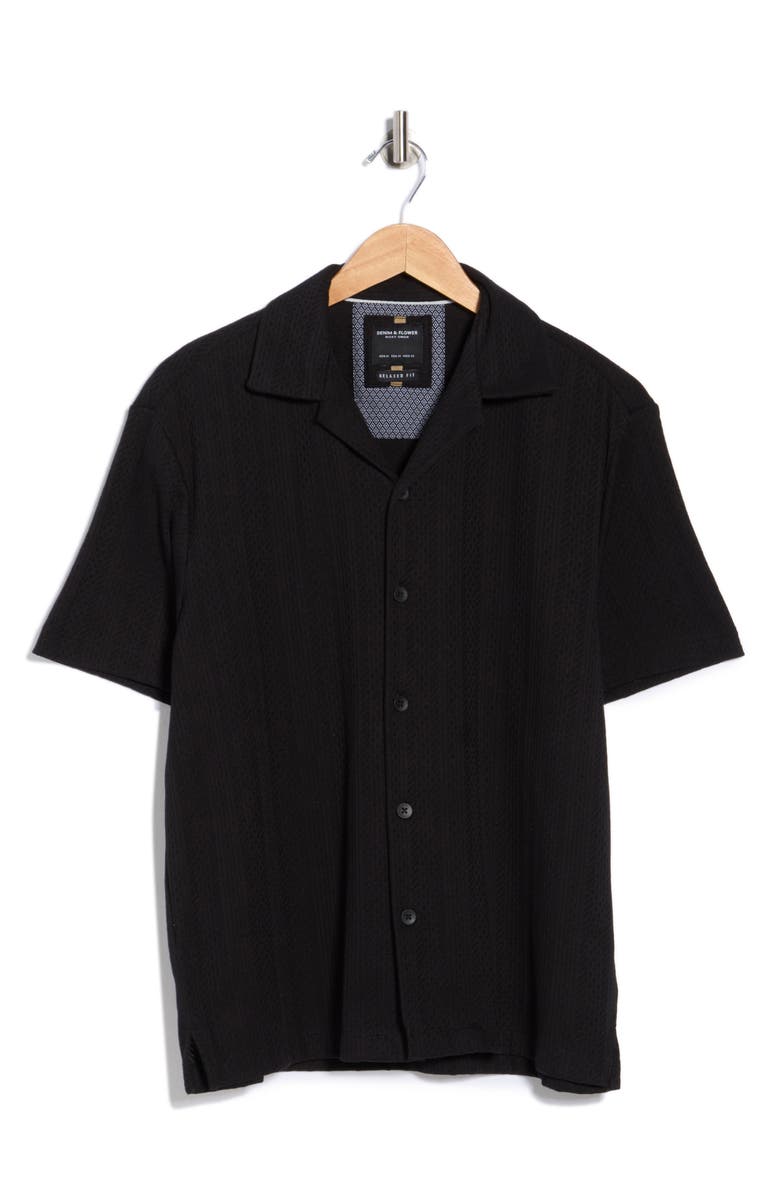 DENIM AND FLOWER Black with Geometric Stripes Camp Shirt, Alternate, color, Black