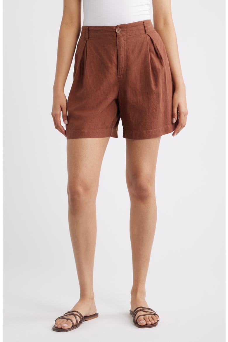 Linen Blend Pleat Shorts, Main, color, SUNRISE MOCHA