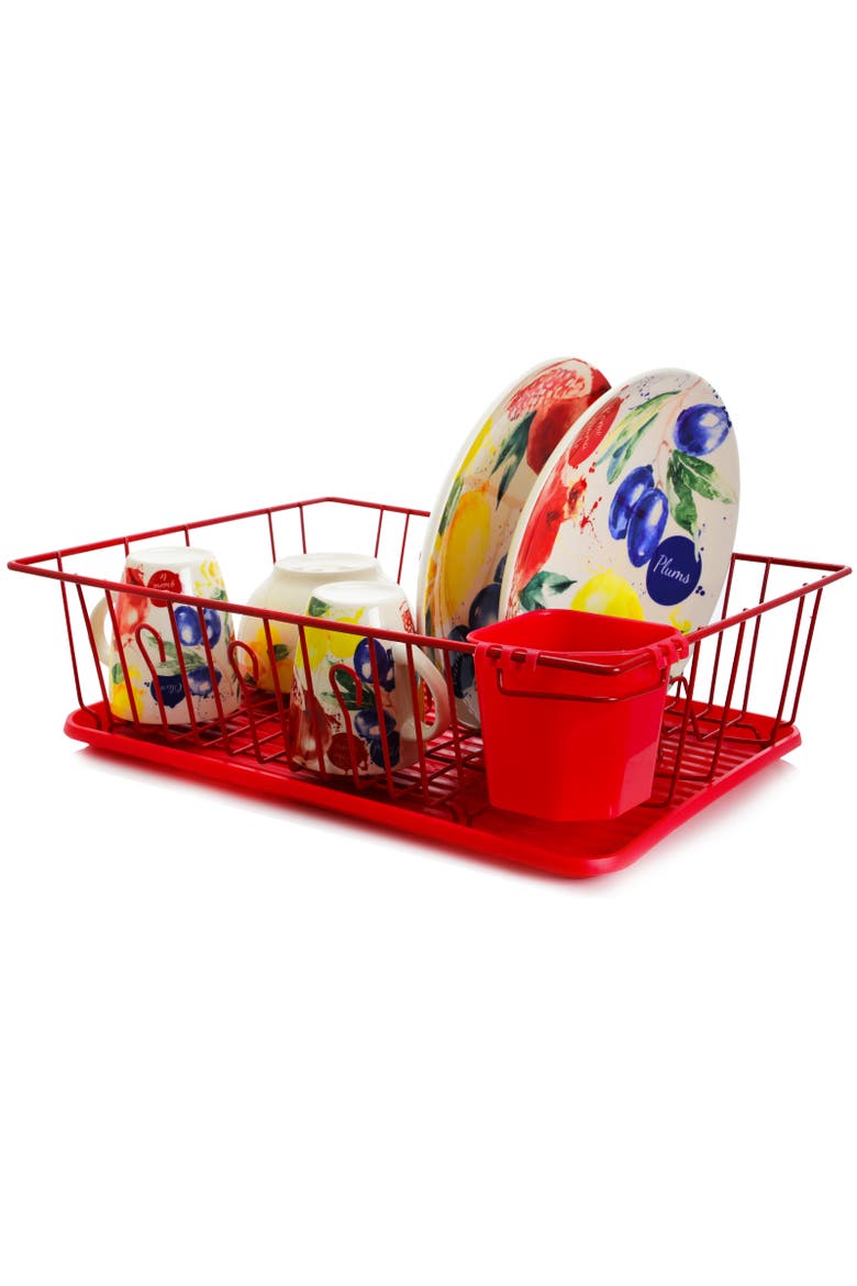 17.5 Inch Dish Rack with 14 Plate Positioners and a Detachable Utensil Holder, Alternate, color, Red