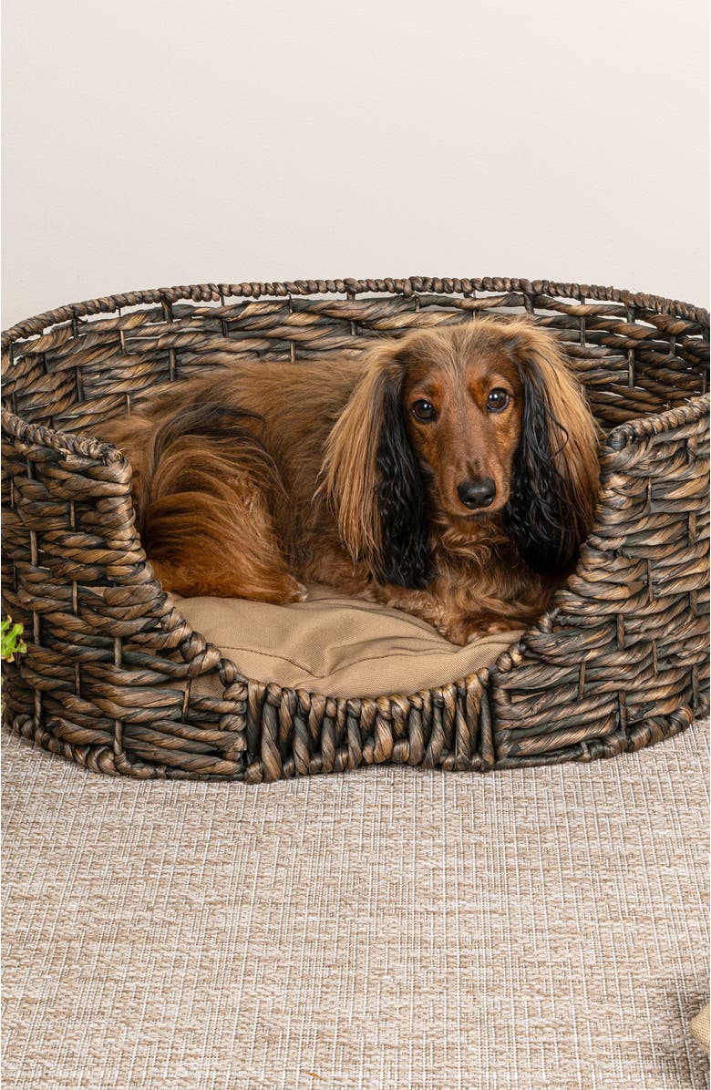 The Licker Store Perri 24" x 18" Classic Farmhouse Handwoven Hyacinth Oval Pet Bed, Machine-Washable Cushion, Alternate, color, Brown