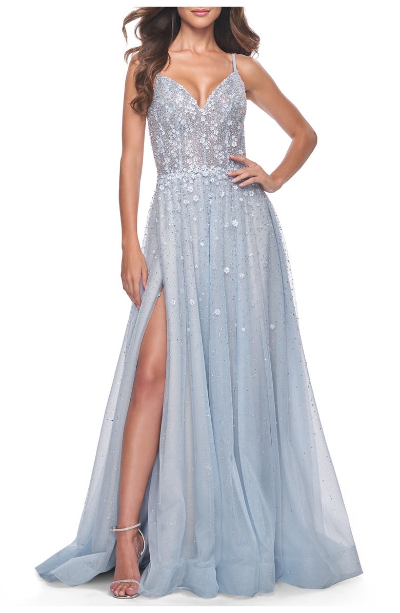 La Femme A-Line Tulle Gown with Unique Floral and Rhinestone Details, Alternate, color, Light Blue