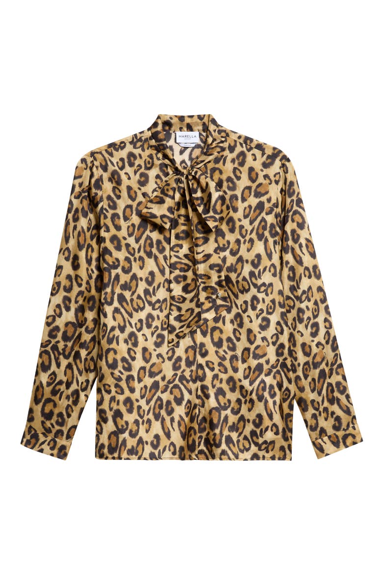 Leopard Printed Silk Tie Neck Shirt, Alternate, color, BEIGE SPOTTED PRINT