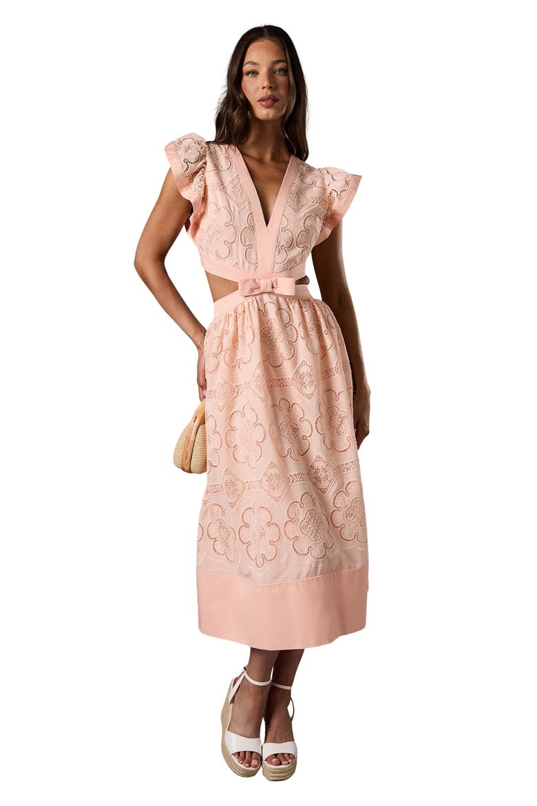 V-Neck Cut Out Lace Midi Dress, Main, color, Peach