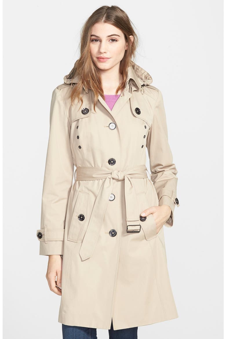 Grommet Detail Long Hooded Trench Coat, Main, color, KHAKI
