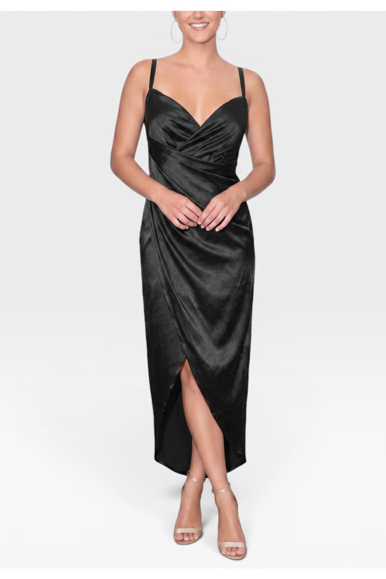 Bree Satin Wrap Midi Dress, Main, color, Black