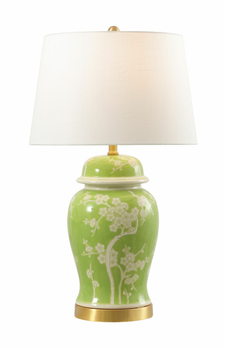 JONATHAN Y Gracie Traditional Cottage Ceramic/Metal Ginger Jar LED Table Lamp, Main, color, Green/White