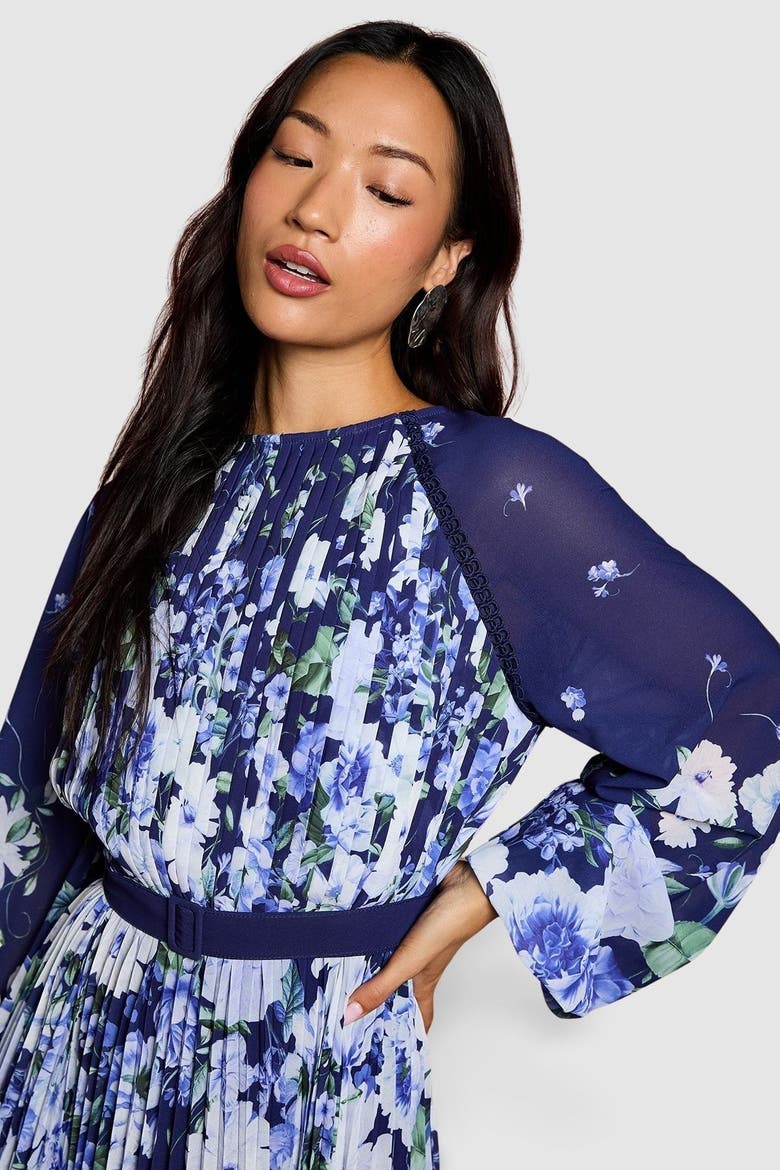 Floral Pleated Georgette Midi Dress, Alternate, color, Navy