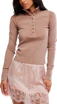 Free People Lake Stand Collar Stretch Cotton Rib Henley