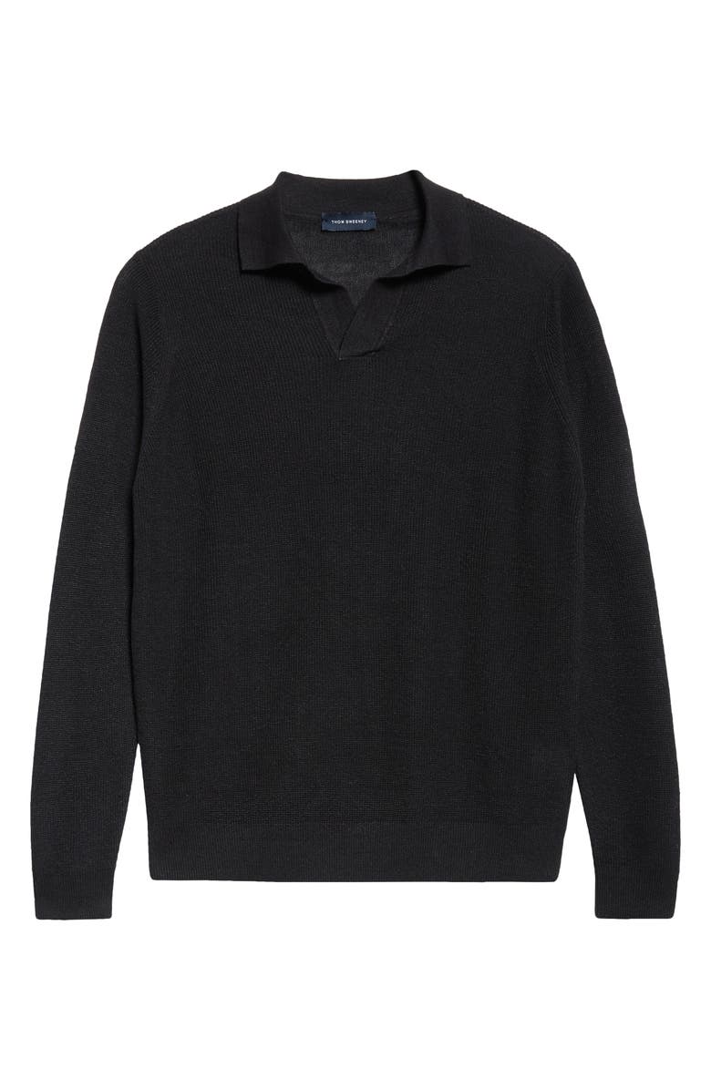 Thom Sweeney Skipper Long Sleeve Linen & Cotton Polo, Alternate, color, Black