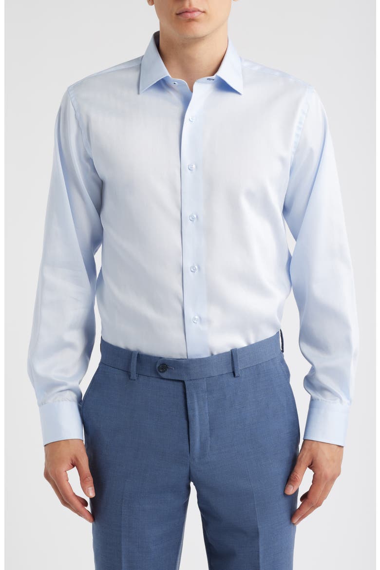 Trim Fit Light Blue Cotton Herringbone Dress Shirt, Main, color, LIGHT BLUE