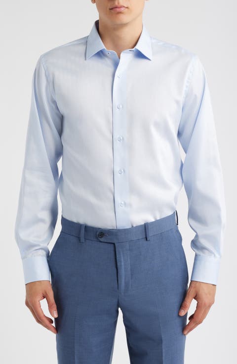 Trim Fit Light Blue Cotton Herringbone Dress Shirt (Regular, Big & Tall)