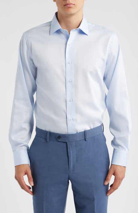 Trim Fit Light Blue Cotton Herringbone Dress Shirt