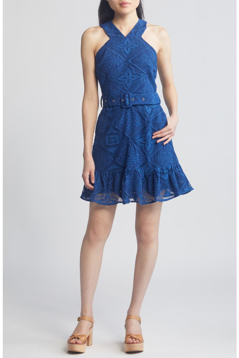 Braylee Lace Eyelet Belted Sleeveless Minidress, Main, color, NAVY