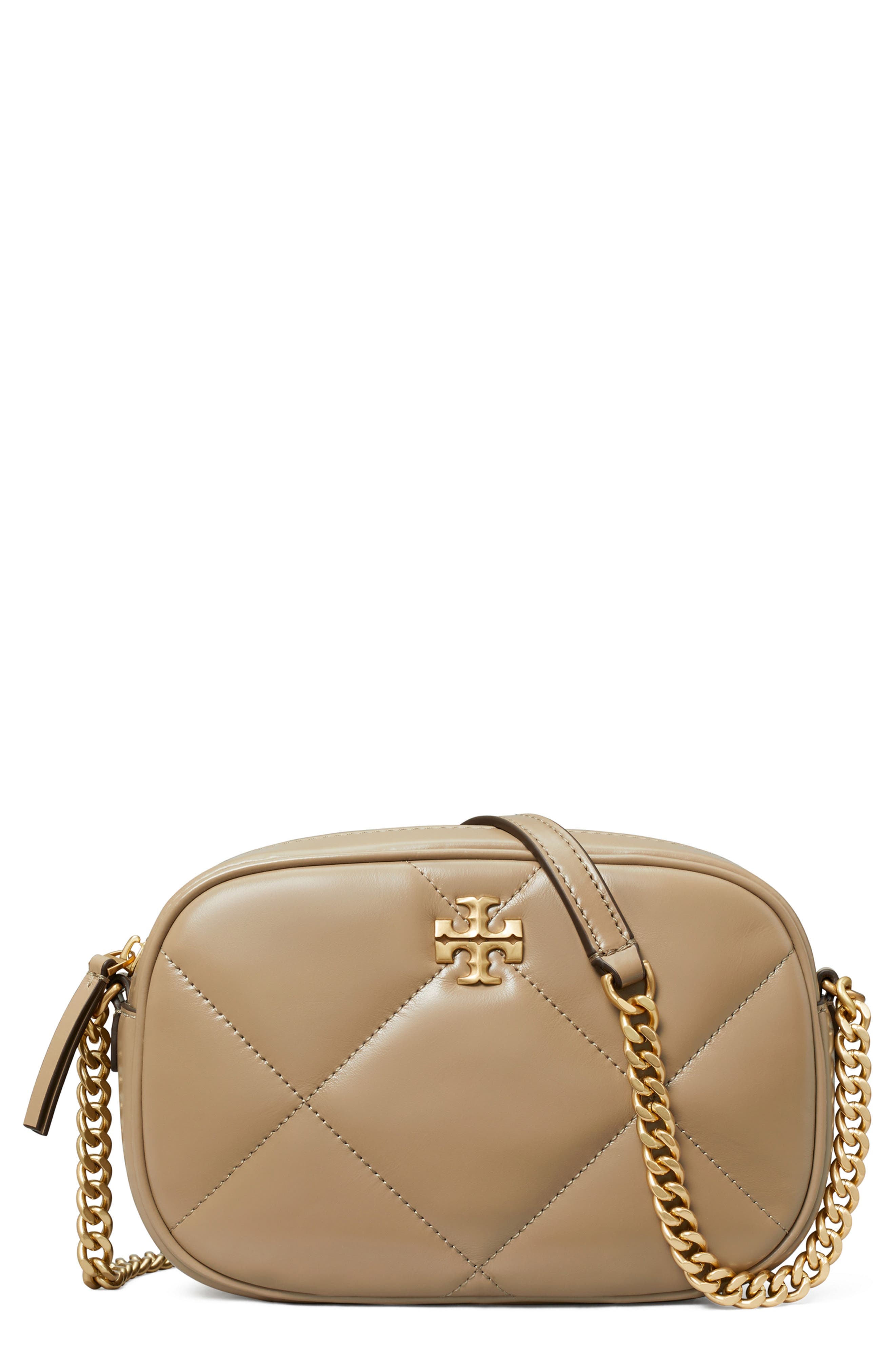 Tory Burch Kira Diamond Quilted Leather Camera Bag, Main, color, Taupe Oak
