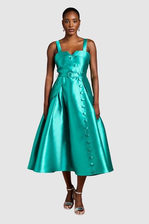 Button-Trim Belted Full Skirt Midi Dress