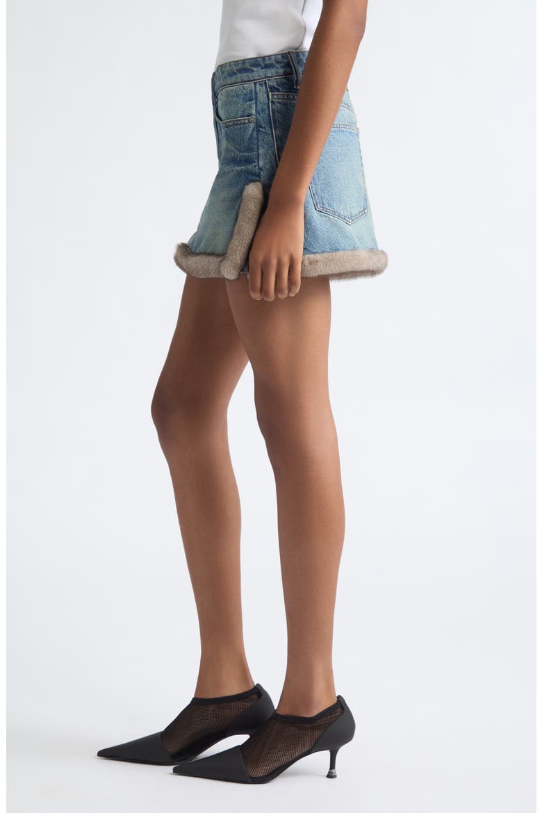 Faux Fur Trim Denim Miniskirt, Alternate, color, TINTED MEDIUM INDIGO