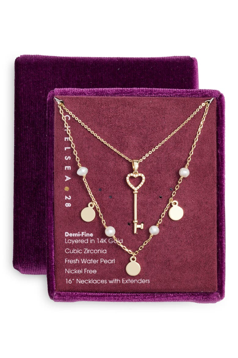 Set of Two Demi Fine Freshwater Pearl & Key Pendant Necklaces, Main, color, WHITE- CLEAR- GOLD