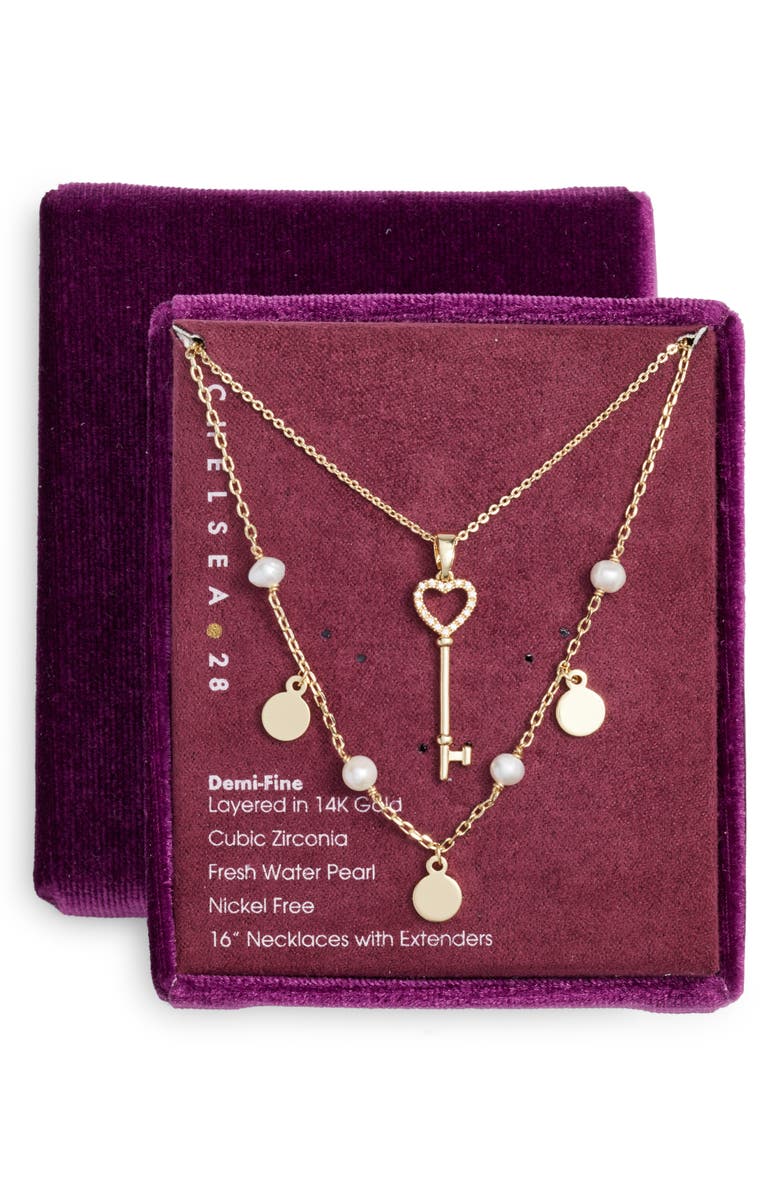 Chelsea28 Set of Two Demi Fine Freshwater Pearl & Key Pendant Necklaces, Main, color, White- Clear- Gold