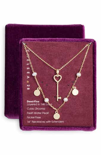 Set of Two Demi Fine Freshwater Pearl & Key Pendant Necklaces