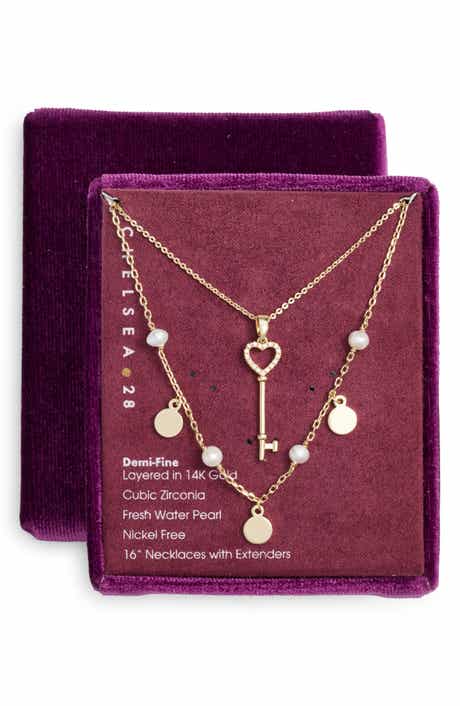 Chelsea28 Set of Two Demi Fine Freshwater Pearl & Key Pendant Necklaces