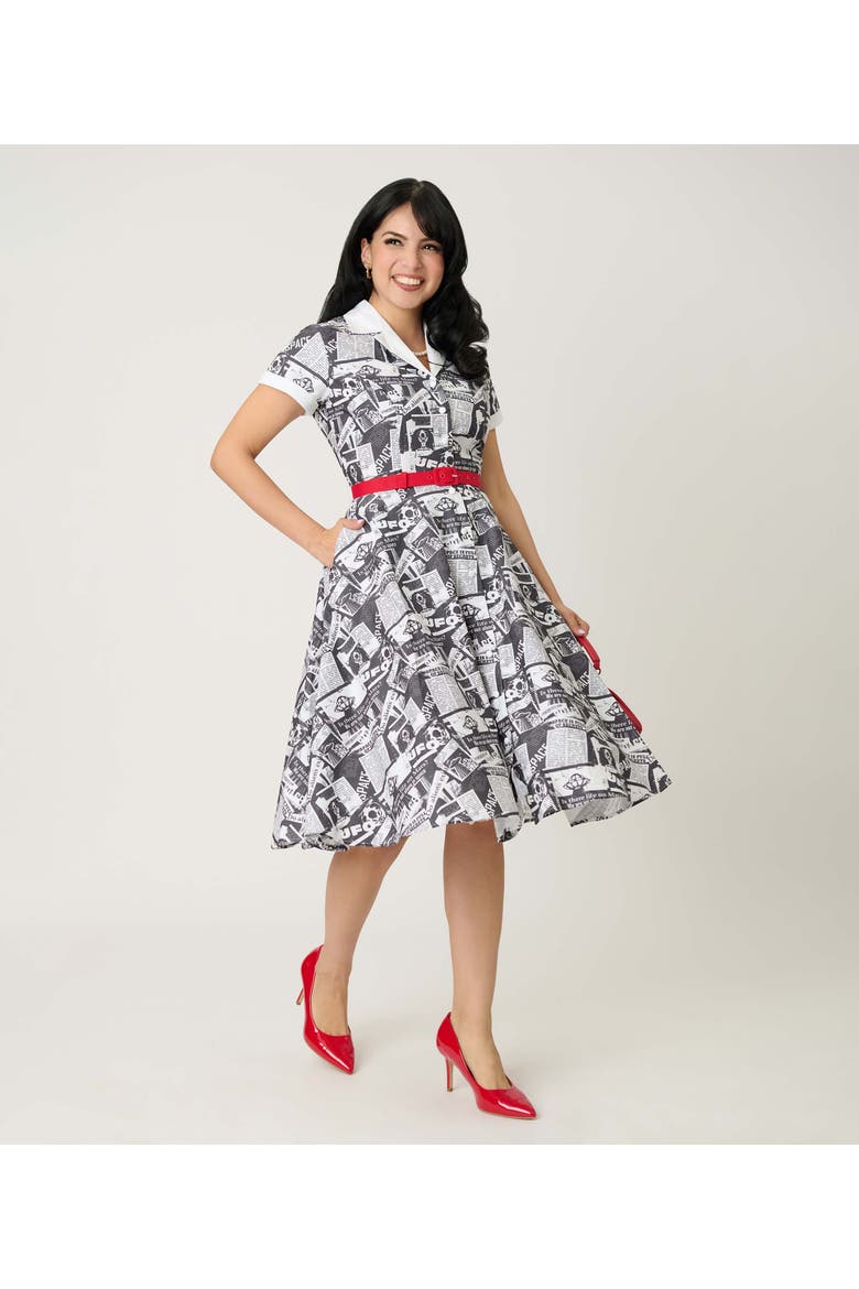 Collared Short Sleeved Belted Alexis Swing Dress, Alternate, color, Black & White Newspaper Print