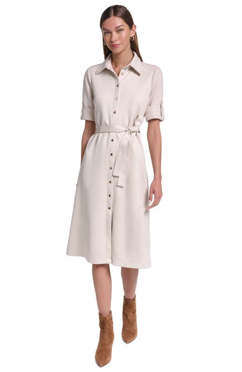 Short Sleeve Suede Midi Shirt Dress