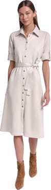 HALSTON Short Sleeve Suede Midi Shirt Dress
