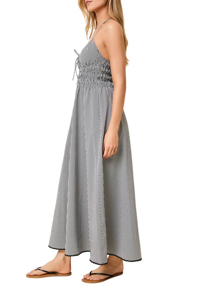 Lolita Gingham Shirred Halter Seersucker Maxi Sundress, Alternate, color, NOIR GINGHAM