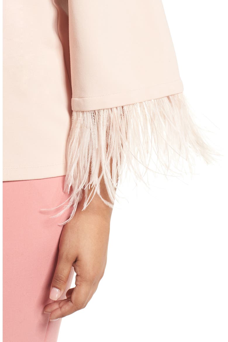 Feather Trim Ponte Top, Alternate, color, PINK SMOKE