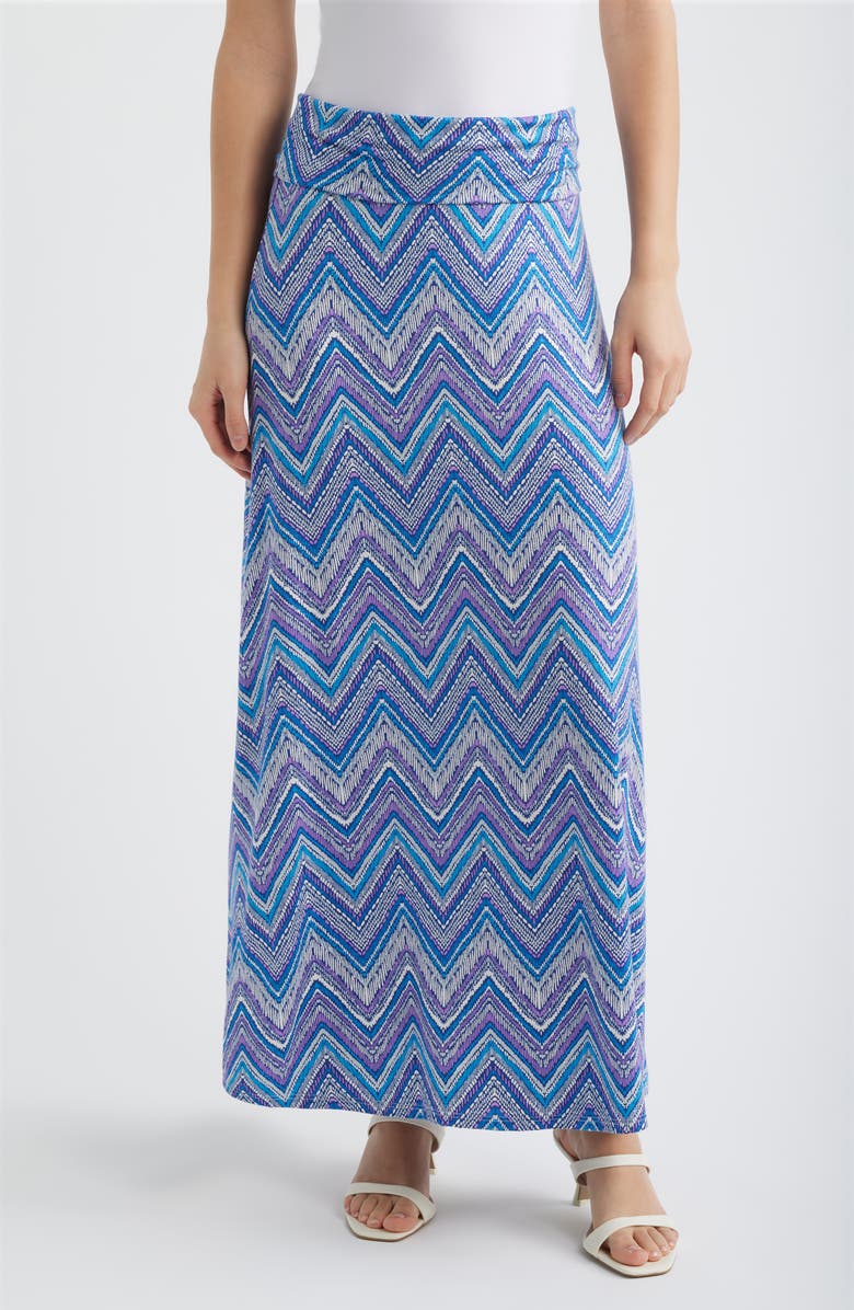 Loveappella Roll ZIgzag Floral Print Maxi Skirt, Main, color, Blue
