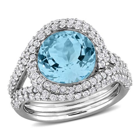 Blue Topaz & White Topaz Halo Cocktail Ring
