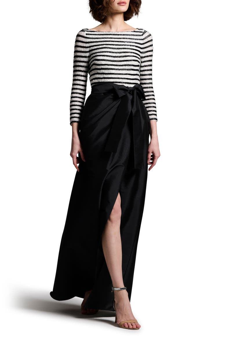 Beaded Stripe Mixed Media Taffeta Gown, Alternate, color, BLACK