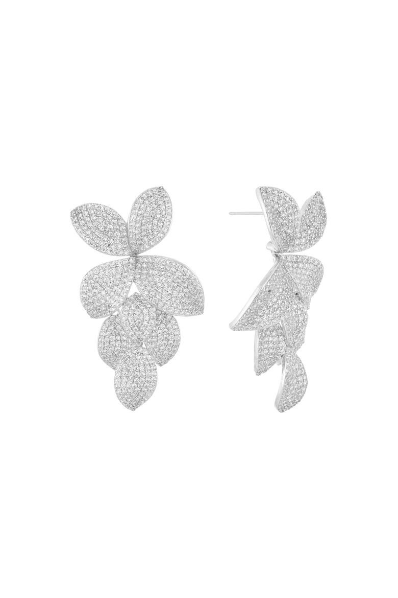Pave Fancy Flower Petals Drop Stud Earring, Main, color, Silver