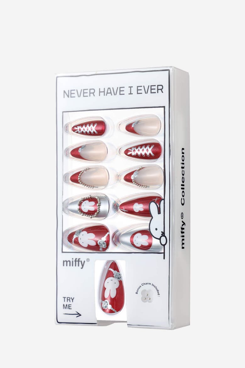 Miffy Burgundy Almond Press On Nails Cute Character Nail Art, Alternate, color, Red