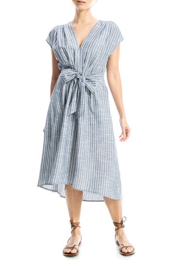 Max Studio Stripe Tie Front Cotton Blend Dress In Navy/white Tartan Stripe