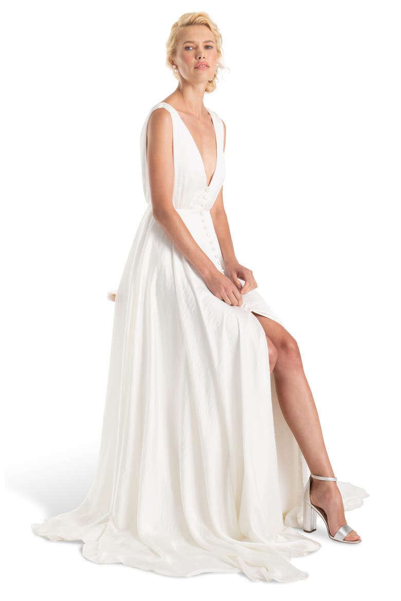 Joplin Slit Front Button-Up V-Neck Wedding Dress, Alternate, color, WHITE