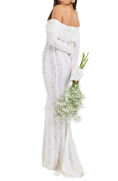 House Of Cb Belle Off The Shoulder Long Sleeve Meramid Gown In Cream