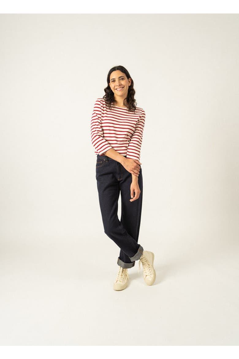 GALATHEE II - ¾ Sleeve Breton Striped Top, Main, color, ecru/maroon