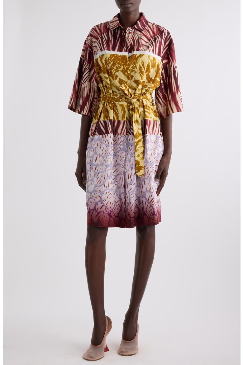 Doralia Mixed Print Belted Shirtdress, Main, color, BURGUNDY