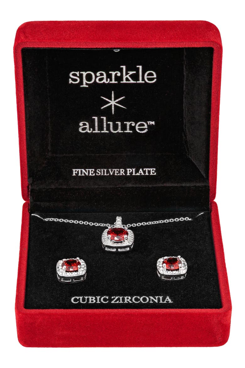 Cubic Zirconia Pendant Necklace & Stud Earrings Set, Main, color, SILVER/RED